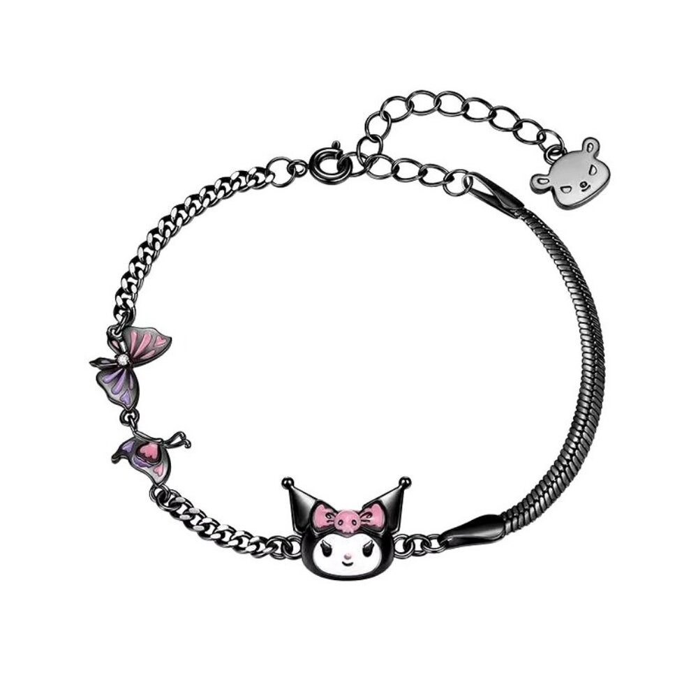 Kuromi Bracelet Gun Metal Color with Charms & Pink Enamel Accents Adjustable